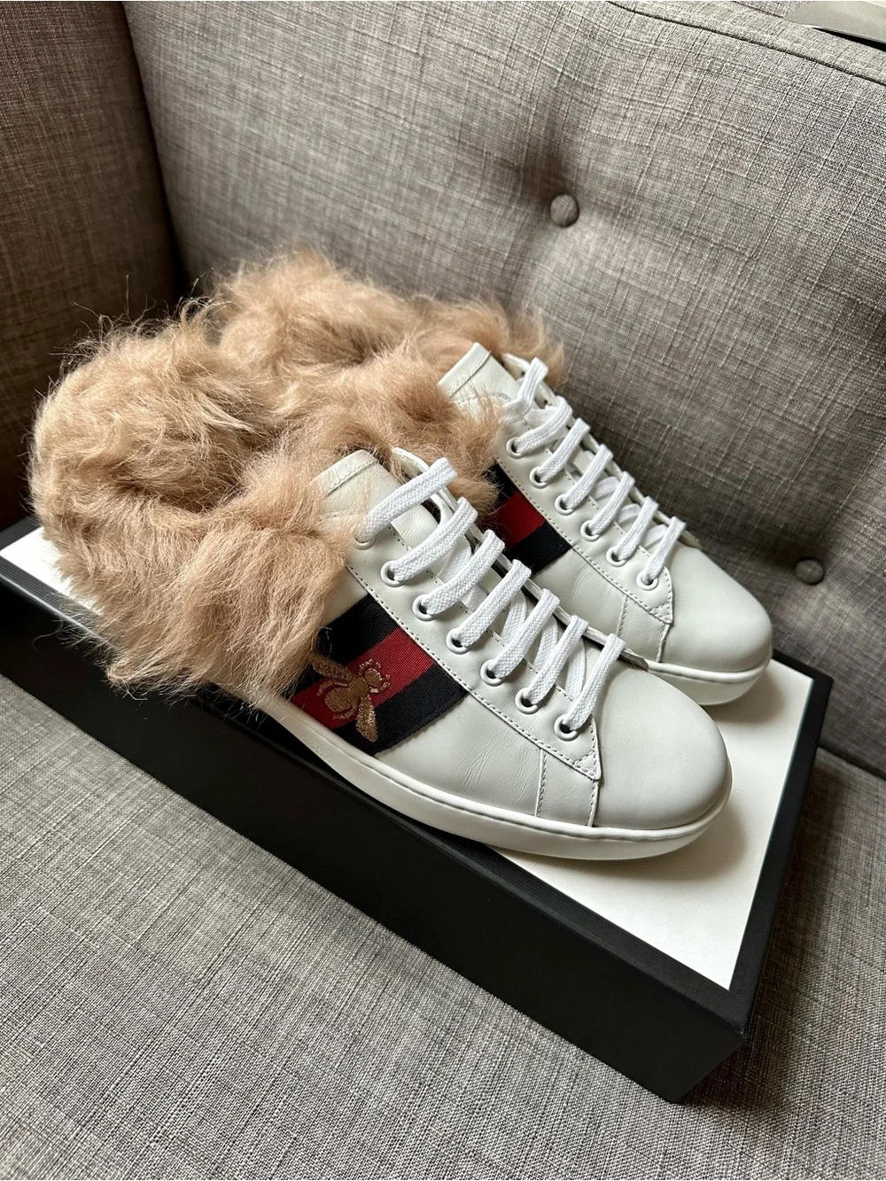 Gucci Ace White Leather Fur-Lined Sneakers with Red and Blue Stripe